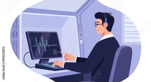 Man Working on Computer with Heartbeat Graph.