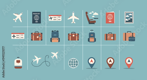 A comprehensive collection of modern flat design vector icons depicting global travel, aviation, and tourism elements, perfect for digital projects and user interfaces