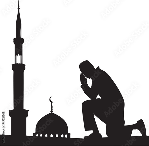 Silhouette of a man praying before a mosque and crescent moon