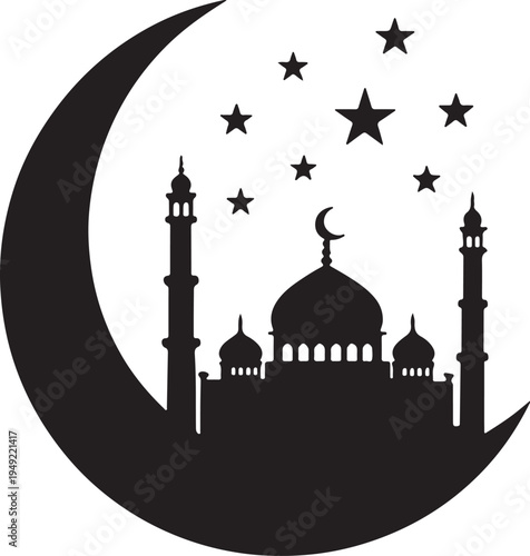 Islamic crescent moon and stars with a mosque silhouette illustration