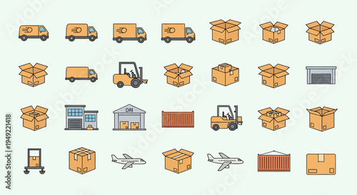 Modern flat design vector icon pack showcasing global logistics, delivery, shipping, and transportation services, including warehousing and freight operations