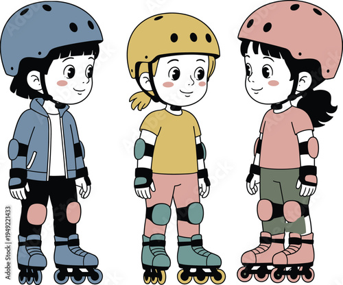 Three children wearing roller skates with helmets, knee pads, elbow pads, and wrist guards representing safety, recreation, sport, and outdoor fun