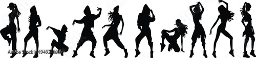 Large collection of hip hop and street dance silhouettes, energetic dancers in modern urban outfits posing, black vector illustration on white.