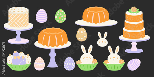 Colorful easter desserts and cute bunny illustrations on a dark background