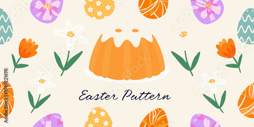 Colorful easter eggs tulips and a ghost shaped dessert pattern