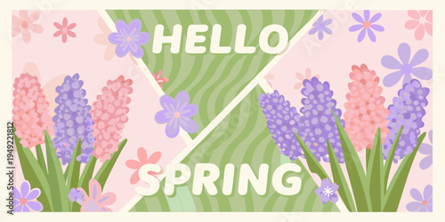 A cheerful spring greeting card with flowers and a pastel color scheme