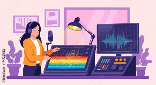 Woman editing audio on computer screen.