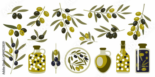 Stylized illustration of olive branches olives and olive oil bottles