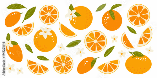 A vibrant collection of oranges orange slices blossoms and green leaves