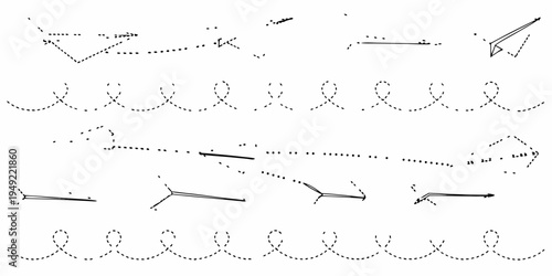 Abstract dotted lines forming various shapes and patterns on white background