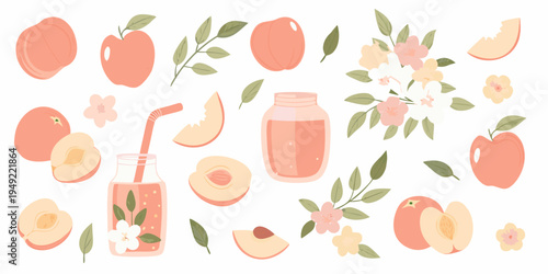 Colorful illustration of peaches blossoms and peach flavored drinks