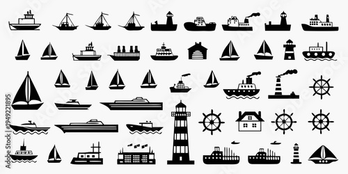 Collection of black silhouettes depicting various nautical vessels and structures