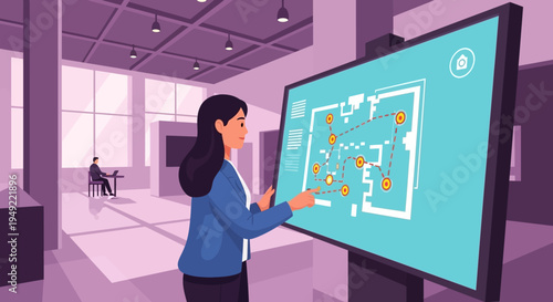 Woman interacting with digital touchscreen display.