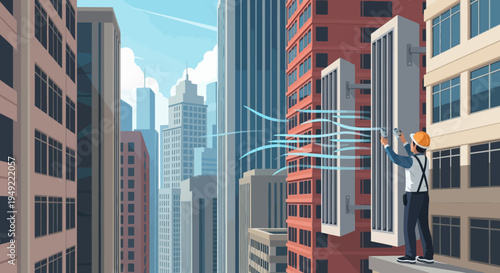 Businessman with orange hard hat checking skyscrapers.