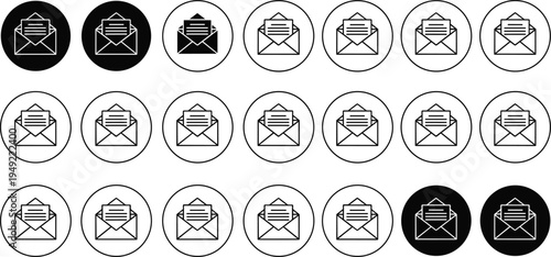 Email Envelope Icon Set with Open Mail Letter Symbols for Messaging Apps, Email Communication, Inbox Notifications, and Digital Message Interface Designs