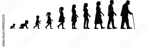 Silhouette sequence of the human life cycle showing stages of aging from a crawling baby to an elderly man walking.