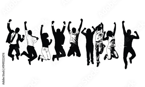 Silhouettes of a happy diverse group of business people jumping in the air celebrating success and victory on white background.