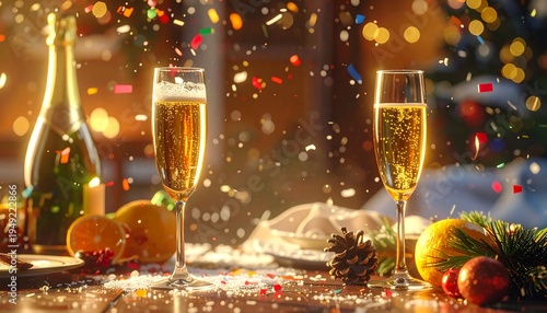 Festive celebration scene with two filled champagne flutes, a bottle, fruits, pine cone, confetti, and holiday decorations