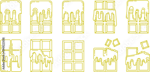 Melting Chocolate Bar Outline Icon Set with Dripping Cocoa Candy Blocks and Sweet Dessert Treat Illustrations for Bakery, Confectionery Packaging, and Food Design