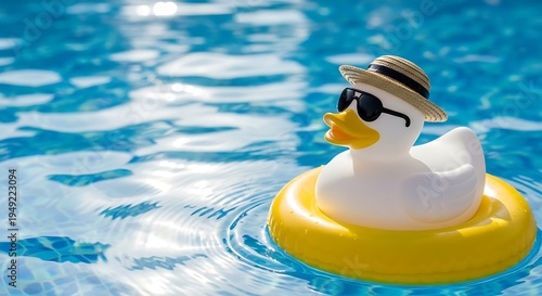 A white rubber duck with sunglasses and a hat floats in a sparkling blue swimming pool
