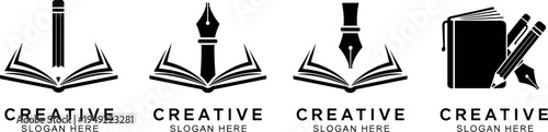 Creative Education Logo Set Featuring Open Book Pencil Fountain Pen And Stationery Design Symbols For Learning Brands