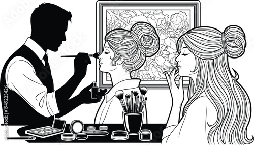 Makeup artist applying cosmetics to woman with beauty tools, brushes, palettes, and lipstick, illustrating professional makeup, fashion, glamour, and artistry