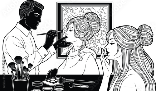 Professional makeup artist applying cosmetics to woman with brushes, palettes, and tools, illustrating fashion beauty preparation, glamour, elegance, and artistry illustration