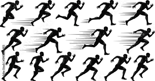 Running Athlete Silhouette Icon Set with Sprinting Human Figures for Sports Training, Fitness Activities, Marathon Competition Graphics, and Athletic Movement Design