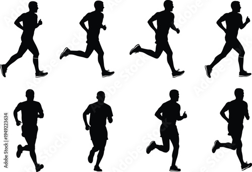 Silhouette vector illustration of seven running figures in motion sequence representing athletic training, sports, biomechanics, fitness, energy, and dynamic movement