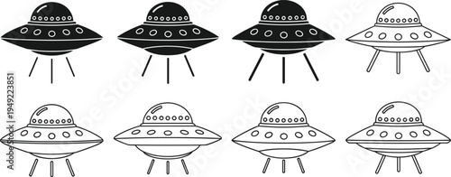 UFO Flying Saucer Icon Set with Alien Spaceship Symbols for Science Fiction Design, Space Exploration Graphics, Extraterrestrial Concept Illustrations, and Futuristic Technology Themes