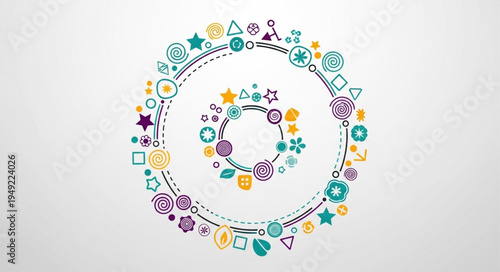 Circular arrangement of colorful abstract icons and symbols.