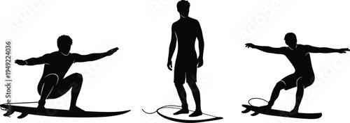 Silhouette vector illustration of three surfers in different poses with surfboards and leashes representing surfing culture, ocean sport, lifestyle, and adventure