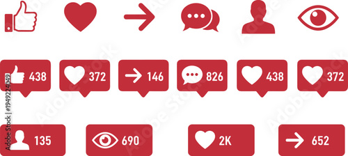 Social Media Notification Icon Set Featuring Likes Comments Followers Views And Engagement Counters For Digital Platforms