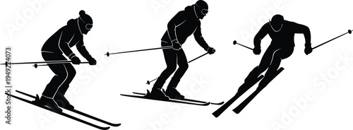 Silhouette vector illustration of three skiers in dynamic downhill motion with ski poles showcasing winter sport, speed, balance, and adventure