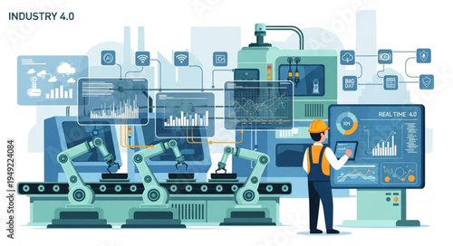 Modern automated factory with robotic arms and worker.