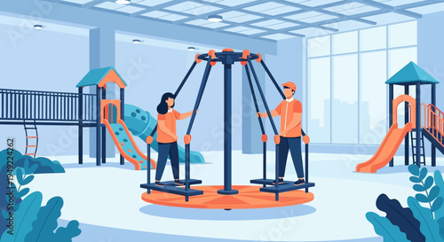 Children Playing on Indoor Merry Go Round.