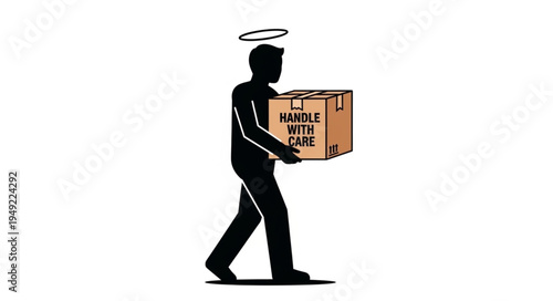 Silhouette of a person carrying a box with a halo.