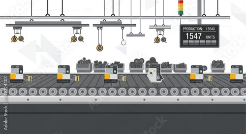 Automated factory production line with robotic arms and conveyor belts.