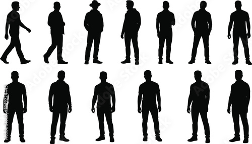 Silhouettes of men in various standing and seated poses, symbolizing posture, character design, human movement, casual stance, and diversity