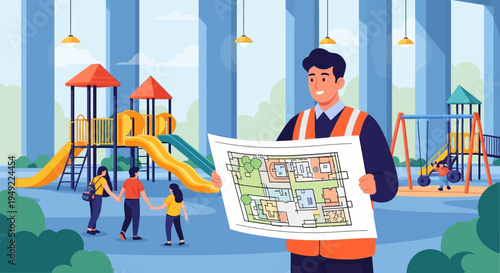 Engineer Holding Playground Blueprint Illustration.