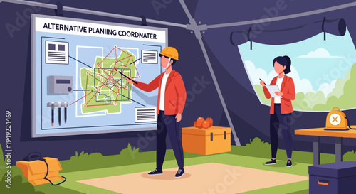 Engineers Discussing Project Plans in Tent.