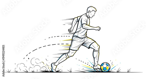 Soccer player kicking ball dynamic action sketch illustration.