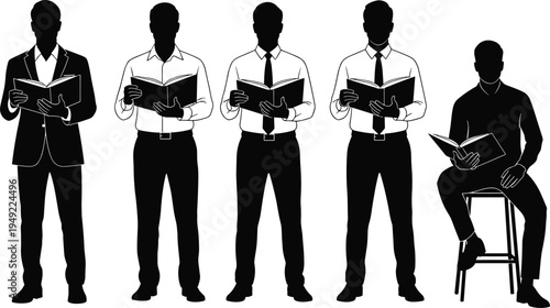 Silhouettes of men reading books in formal attire, symbolizing choir performance, study group, teamwork, learning, education, and cultural collaboration