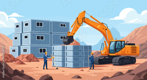 Excavator lifting shipping container at construction site.