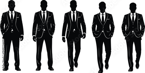 Silhouettes of professional businessmen in formal suits with ties, symbolizing corporate leadership, professionalism, confidence, teamwork, success, and career growth
