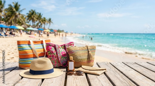 Summer beach getaway essentials colorful bags sun hat and relaxation by the ocean