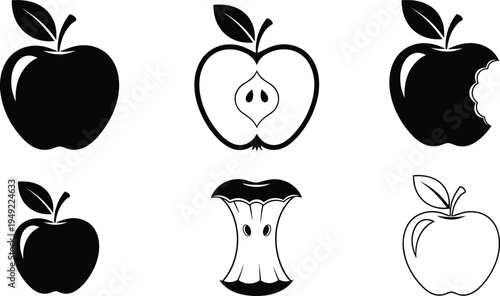 Apple Icon Set with Whole Apple, Half Cut Fruit, Bite Mark, and Apple Core Symbols for Healthy Food, Nutrition, Farm Market, and Organic Produce Designs
