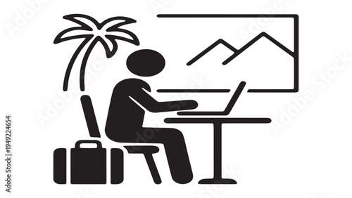 Remote work concept icon featuring a person working on a laptop with a mountain view window.
