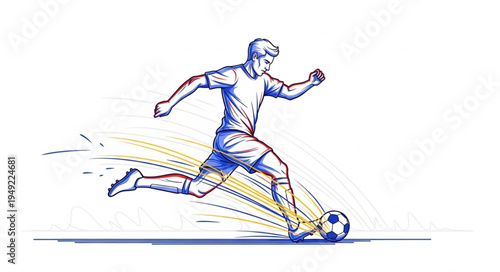 Soccer player kicking ball dynamic action sketch illustration.
