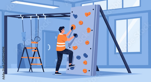 Man Climbing Indoor Rock Climbing Wall.